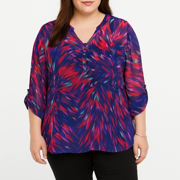 a.n.a Womens 2X Multicolor Abstract Sheer Blouse Top V-Neck Roll Tab Plus Size - Picture 1 of 15